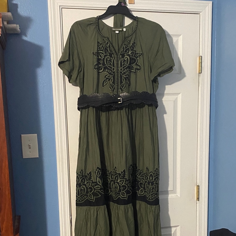 Chico's Olive Green Maxi Dress with Black Embroidery